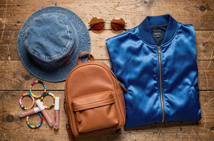 Flat lay d'accessoires et vêtements iconiques des années 90 incluant chapeau bob en jean, lunettes teintées et veste bomber satinée bleue
