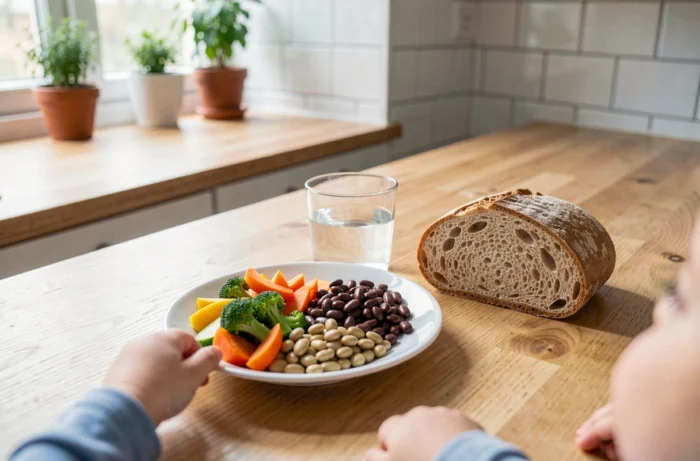 Assiette équilibrée pour enfant avec légumineuses et légumes pour prévenir les flatulences malodorantes