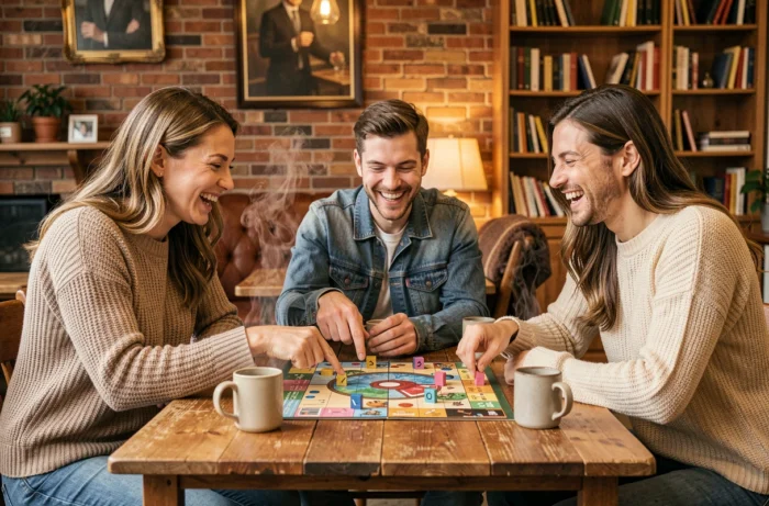 Groupe d'amis jouant à un jeu de société dans un café convivial, loisirs collectifs et moments de partage en 2024