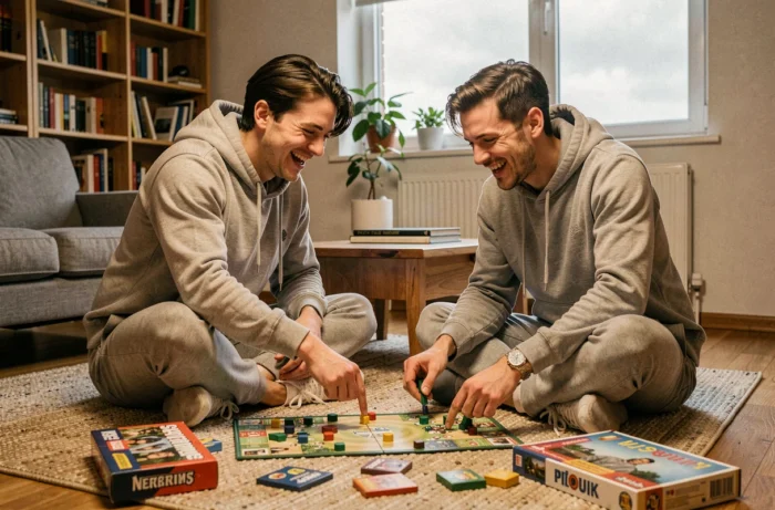 Deux amis jouant à des jeux de société dans un salon, activité de loisir conviviale à la maison