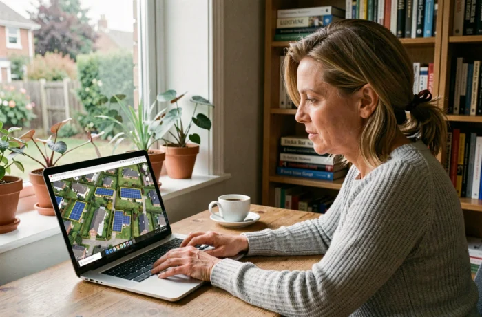 Femme utilisant Google Earth sur ordinateur portable pour analyser l'ensoleillement d'une propriété depuis un bureau à domicile
