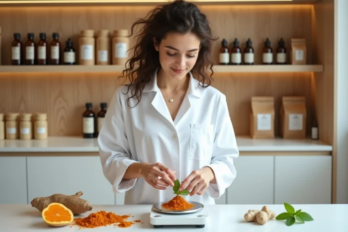 Jeune apothicaire mesurant des herbes médicinales séchées comme le curcuma et le gingembre dans une pharmacie moderne aux flacons ambrés