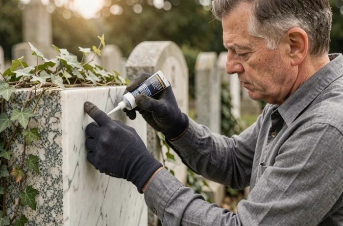 Homme appliquant de la colle spéciale pierre sur une plaque funéraire en marbre dans un cimetière