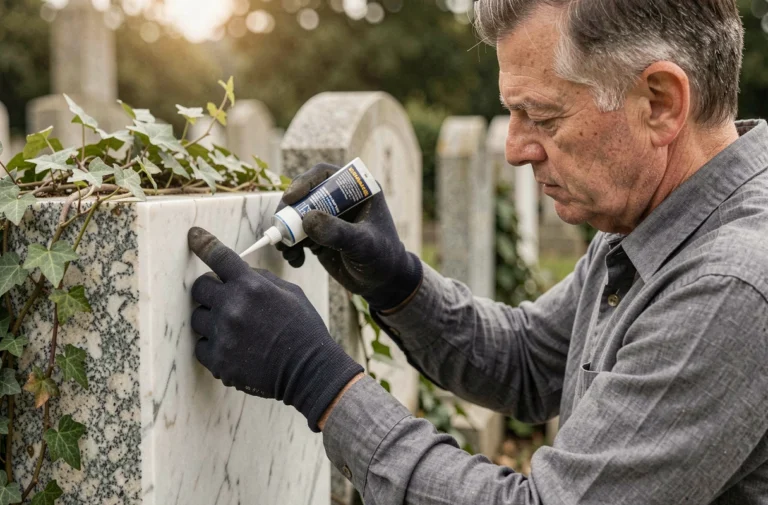 Homme appliquant de la colle spéciale pierre sur une plaque funéraire en marbre dans un cimetière