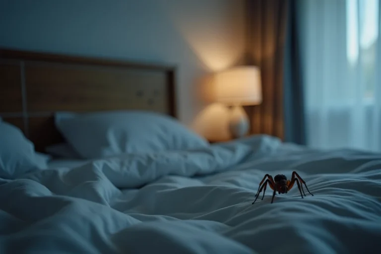 Araignée domestique sur le mur blanc d'une chambre la nuit, détail macro réaliste