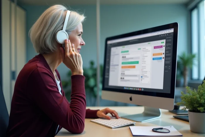 Employée d'agence immobilière assistant un client par téléphone pour résoudre un problème de connexion à MyFoncia