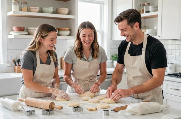 Amis préparant des pâtisseries ensemble dans une cuisine moderne lors d'un atelier culinaire du week-end