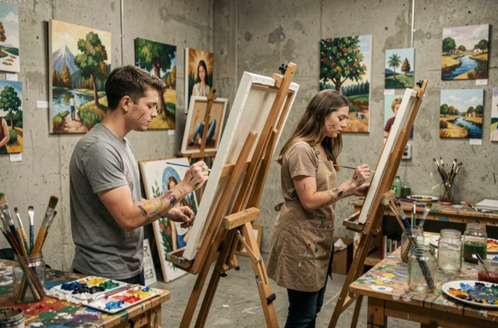 Deux amis peignant sur des toiles dans un atelier d'art convivial lors d'un loisir créatif original
