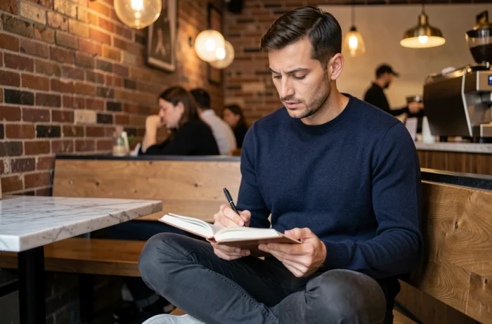 Homme blogueur lifestyle prenant des notes dans un carnet dans un café urbain vintage
