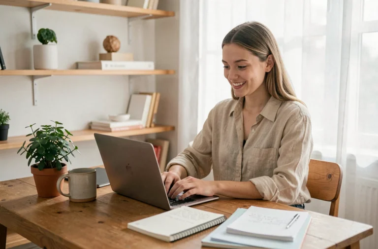 Jeune femme blogueure lifestyle travaillant sur son ordinateur portable dans un bureau maison au style scandinave