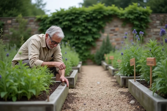 Botaniste inspectant des plantes médicinales comme l'échinacée et la valériane dans un jardin botanique en plein air avec des parterres surélevés