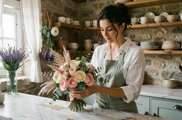 Fleuriste préparant un bouquet de mariée champêtre avec des roses et de l'eucalyptus dans une cuisine en pierre d'un cottage français pour un mariage en petit comité