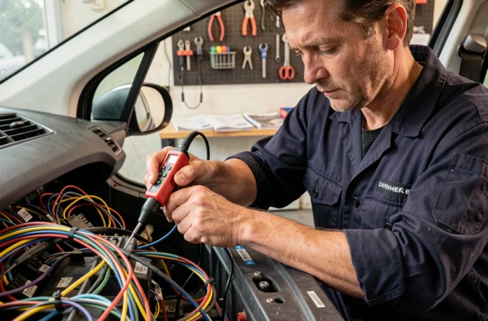 Technicien automobile utilisant un testeur électrique pour brancher un autoradio Peugeot dans l'habitacle d'un véhicule