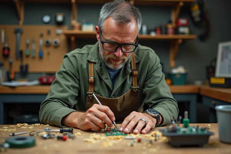 Homme bricoleur en train de souder un circuit électronique dans un atelier bien équipé