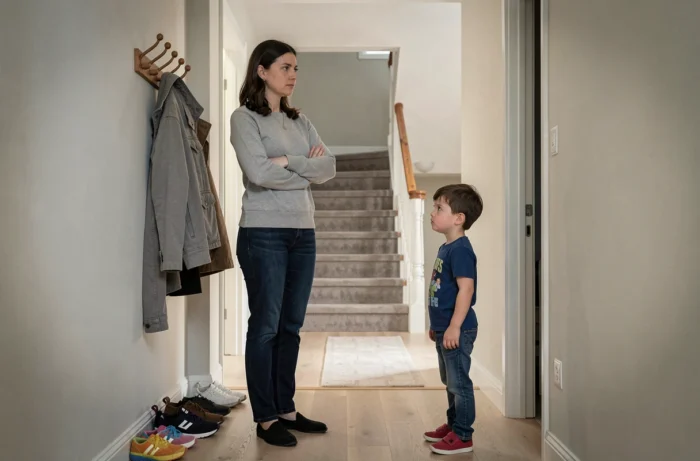 Une mère maintient un cadre ferme et calme face à son fils dans un couloir familial, sans recourir à la punition