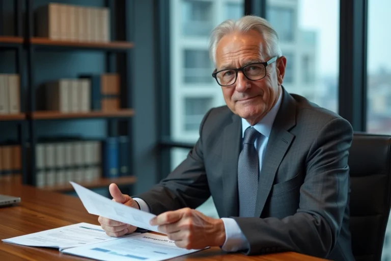 Cadre supérieur en costume gris consultant des documents de retraite dans un bureau exécutif moderne avec vue sur la ville