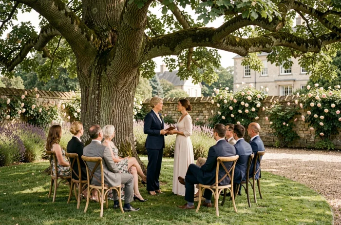 Petite cérémonie de mariage intimiste réunissant une quinzaine d'invités sous un chêne centenaire dans le jardin d'un manoir avec des haies de lavande en arrière-plan