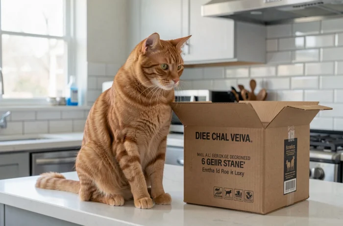 Chat roux inspectant un colis de produits pour animaux reçu après commande sur un site comme Aplouf.com