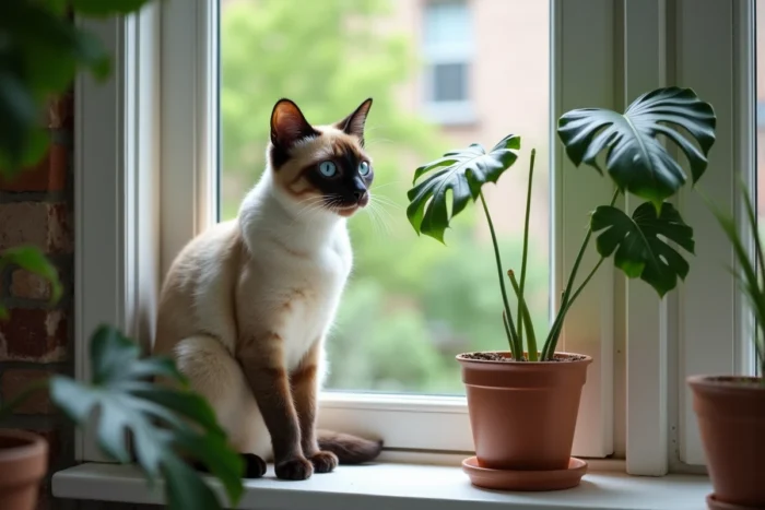 Chat croisé siamois aux yeux bleus perché sur un rebord de fenêtre à côté d'une plante monstera dans un appartement