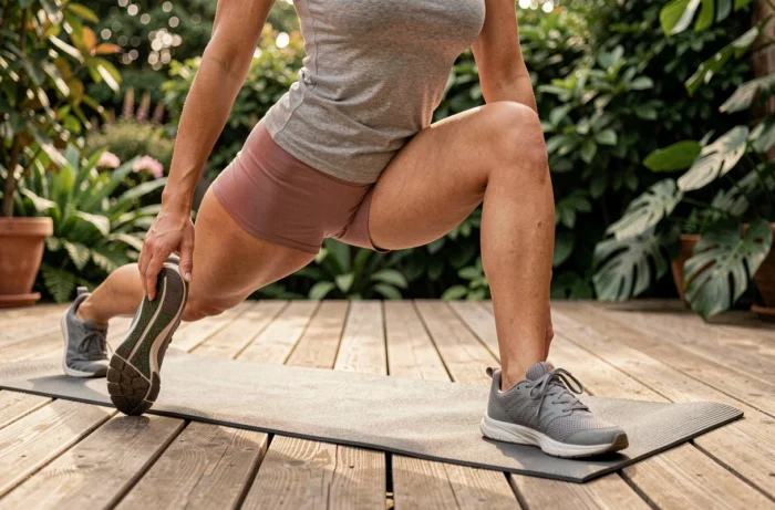 Femme pratiquant le yoga en extérieur avec des chaussures de yoga à semelles antidérapantes sur une terrasse en bois