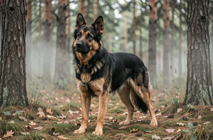 Chien Timber Shepherd majestueux en forêt de pins, debout et attentif dans une clairière brumeuse