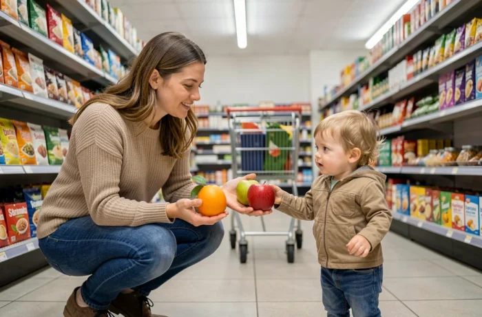 Une mère propose deux options de fruits à son tout-petit dans un supermarché pour favoriser son autonomie par des choix limités