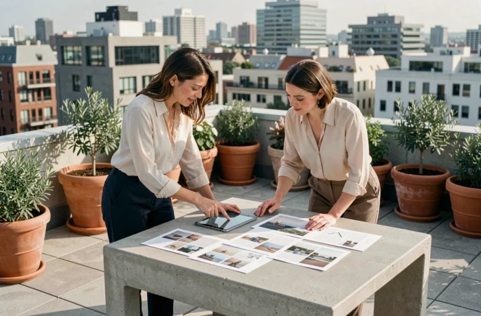 Deux femmes blogueuses lifestyle collaborant sur une terrasse de toit en ville avec tablette et moodboards
