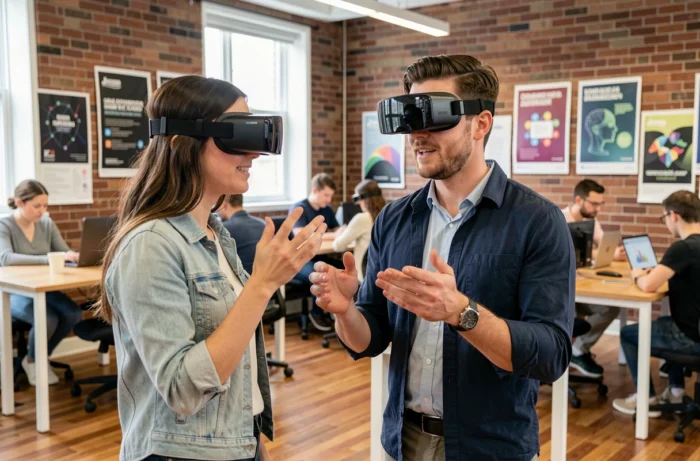 Deux professionnels collaborant avec des casques de réalité augmentée dans un espace de coworking