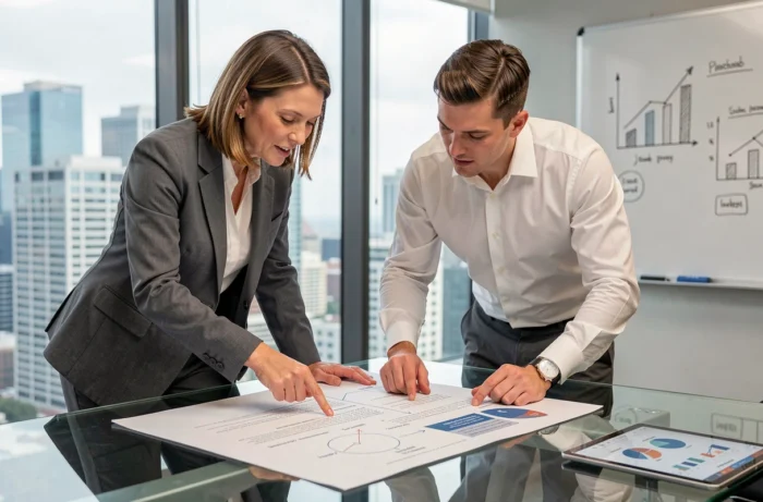 Deux professionnels en réunion collaborant sur la rédaction d'un business plan complet