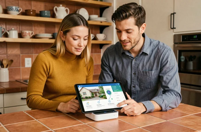 Deux collègues découvrant une interface domotique connectée autour d'un hub maison intelligente dans une cuisine moderne