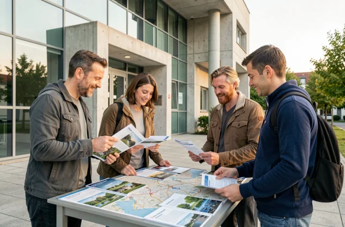 Habitants consultant des informations devant le siège de la Communauté de Communes du Rhin