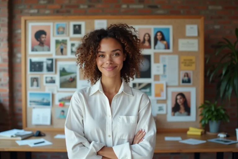 Créatrice visuelle devant un moodboard coloré dans un studio d'agence créative moderne