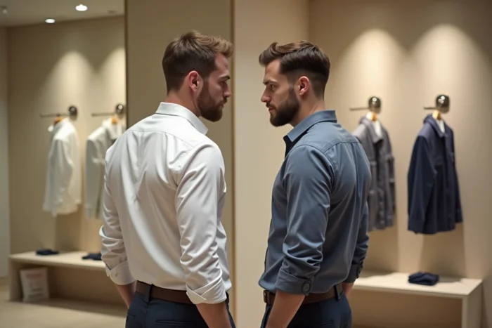Deux hommes en cabine d'essayage comparant deux chemises taille M de coupes différentes slim et regular