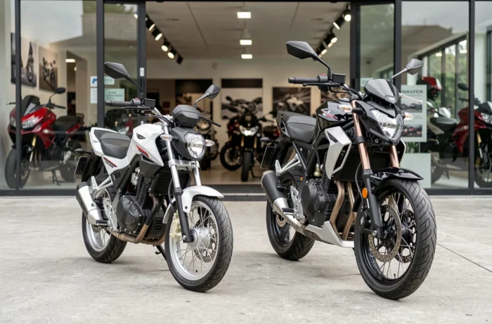 Comparaison de deux motos côte à côte en concession illustrant la différence entre permis A1 et A2