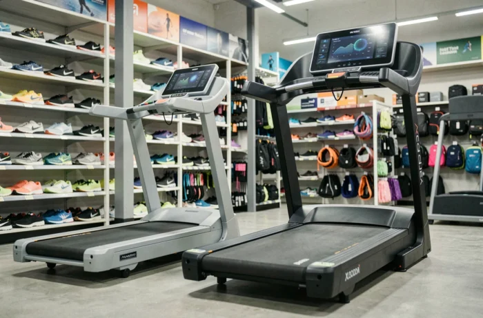 Comparaison de deux tapis de course côte à côte dans un magasin de sport, modèle compact et modèle professionnel