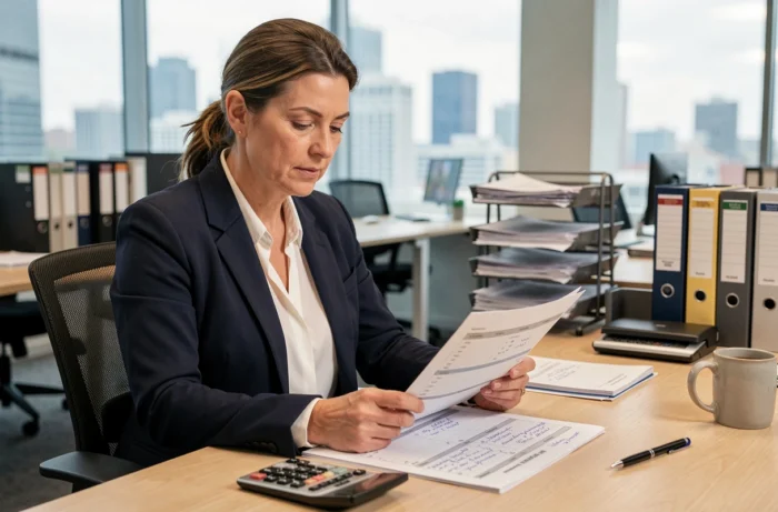 Comptable femme analysant des relevés de compte bancaire dans un bureau d'entreprise moderne