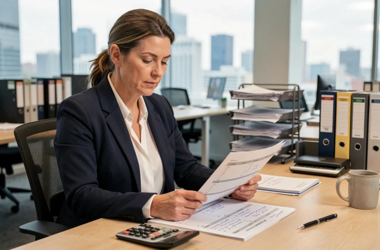 Comptable femme analysant des relevés de compte bancaire dans un bureau d'entreprise moderne