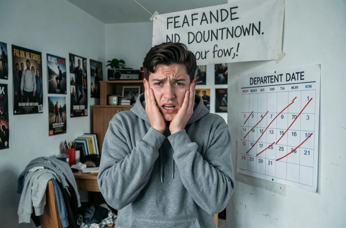 Jeune homme avec une expression dramatique exagérée devant un calendrier de compte à rebours pour le départ d'un frère ou d'une sœur