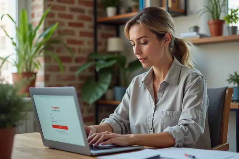 Femme connectée à son espace client Nature et Matériaux sur un ordinateur portable depuis son bureau à domicile