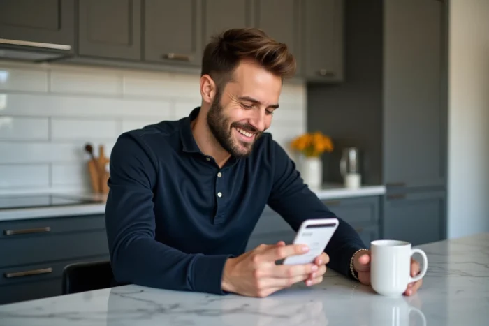 Homme consultant son espace client sur smartphone dans une cuisine moderne avec un café