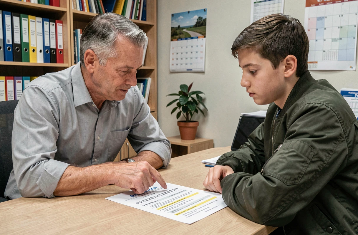 Conseiller d'orientation expliquant les critères d'admission en première STMG à un lycéen
