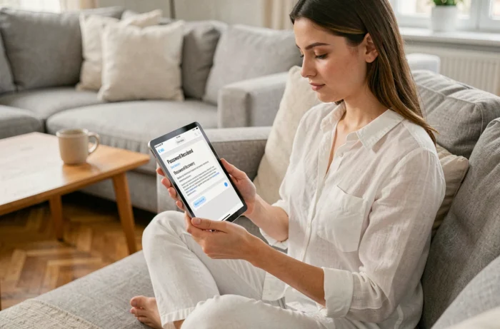 Jeune femme consultant un email de récupération de mot de passe pour son compte CA22 depuis son salon