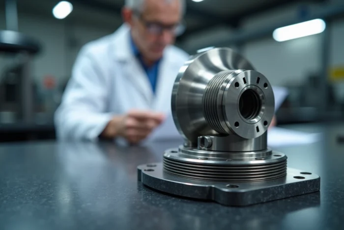 Composant en acier inoxydable usiné avec précision sur plateau de mesure en granit dans un laboratoire de contrôle qualité industriel