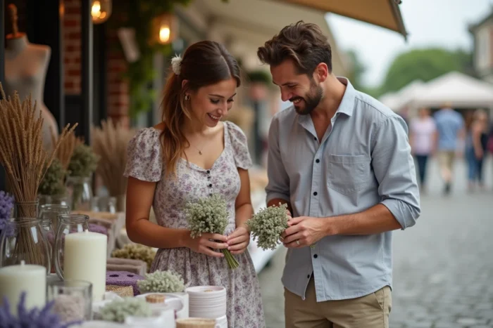Couple comparant des décorations de mariage dans un marché pour optimiser leur budget floral et accessoires