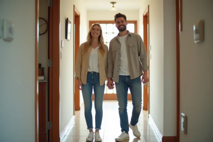 Jeune couple tenant les clés de leur nouvel appartement loué devant la porte d'entrée d'un immeuble résidentiel