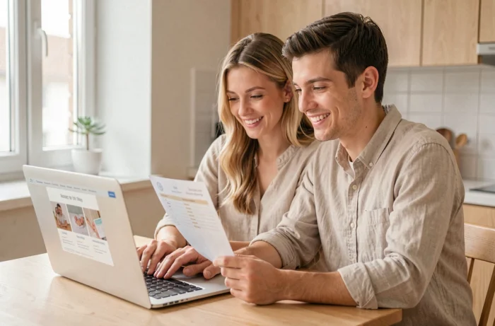 Jeune couple souriant qui crée ensemble une liste de naissance sur un ordinateur portable dans leur cuisine moderne