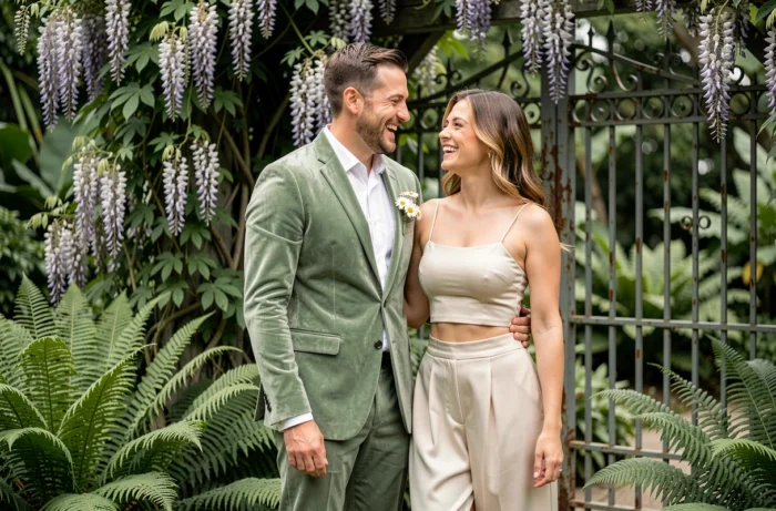 Couple de mariés en tenue moderne tendance 2024, costume vert sauge et ensemble deux pièces satiné dans un jardin botanique