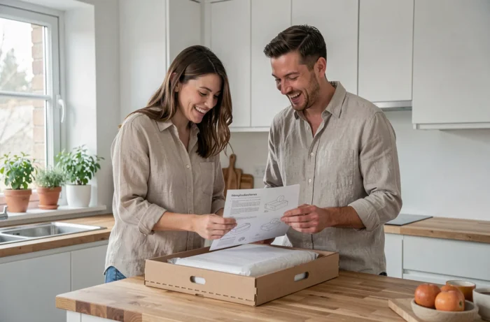 Couple de futurs parents souriant qui monte un meuble bébé ensemble dans leur cuisine moderne