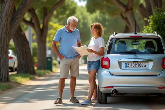 Couple consultant une carte pour trouver un parking gratuit dans une rue résidentielle d'Arcachon