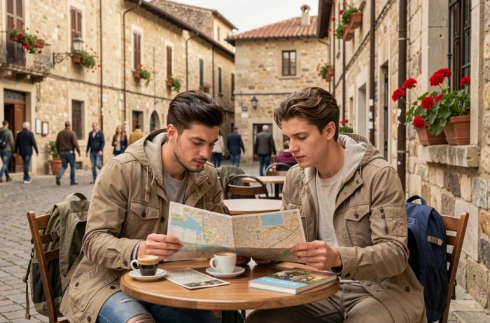 Couple de voyageurs consultant une carte dans un café en plein air sur une place européenne pavée